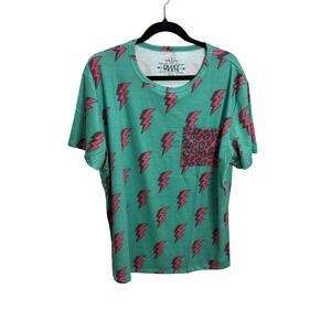 Crazy Train Teal Pink Lightning Bolt Leopard Pocket Tee Shirt Womens XXL